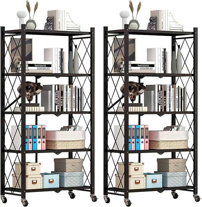Heavy Duty 5-Tier Foldable Storage Shelf with Locking Wheels, No Assembly Metal Shelving Unit, Space-Saving Organizer for Garage, Kitchen, Basement, Pantry, 28" x 14" x 62", Black (2)