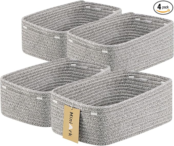 Small Storage Baskets for Organizing | Closet Organizer Bins | Shelf Toy Basket | Woven Rope Baskets | Cube Decorative Box | Shallow Basket | 13x8.5x5.1” | 4 Packs Mixed Grey