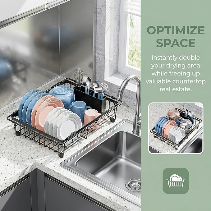 Expandable in Sink Dish Drying Rack - Adjustable Capacity Over The Sink Dish Drainer Drying Rack with Utensil Holder for Kitchen Counter, Drying Rack for Small Space,14.37“-21.06”L x 11.81“W x 3.74”D