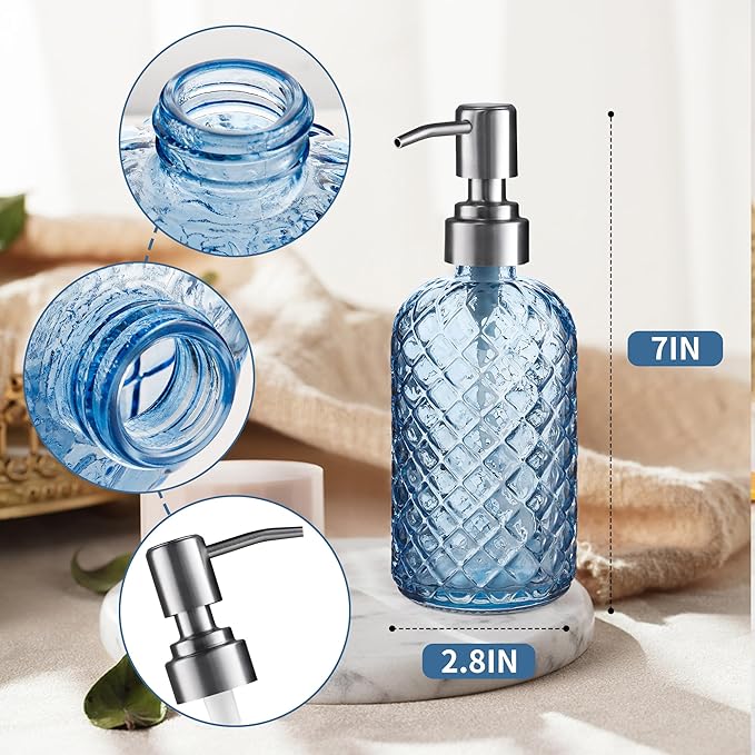14 Oz Refillable Glass Soap Dispenser with Rust Proof Stainless Steel Pump, for Dispense Hand soap, Body wash, Lotion 2pack (Blue)
