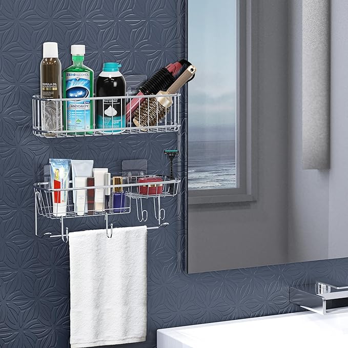 Simple Houseware Bathroom Adhesive Wall Mount Large Shower Caddy w/Hooks, Chrome, 2 Pack
