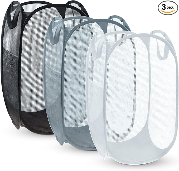 Reinforced Collapsible Laundry Baskets, 3Pcs High-Strength Mesh Pop Up Laundry Hamper, Foldable Clothes Hamper with Handles and Side Pocket for Laundry Room Dorm, Vertical