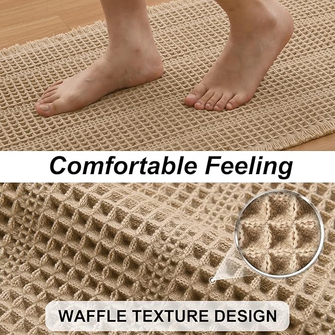 JIUZHEN Waffle Bath Mat Super Absorbent Non Slip Bath Mats for Bathroom Floor Waffle Knit Bathroom Mat with Tassels Machine Washable Bathroom Rugs for Beside Tub, 16" x 24", Strip-Brown
