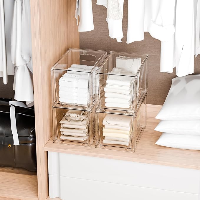 SUOXING 4 Pack Clear Stackable Storage Drawers,7.3″ High Large Baby Bottle Organizer,Bathroom Closet Organizers and Storage,Acrylic Storage Containers and Home Edit Organizer Bins for Cabinets,Pantry