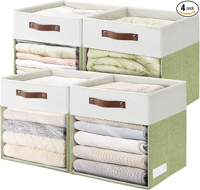 Storage Cubes, 4 Pack Linen Foldable Storage Bins (13 x 13 inch) with Clear Window and Handles, Fabric Organizer for Shelf Closet, Clothes, Books - (Green and White)