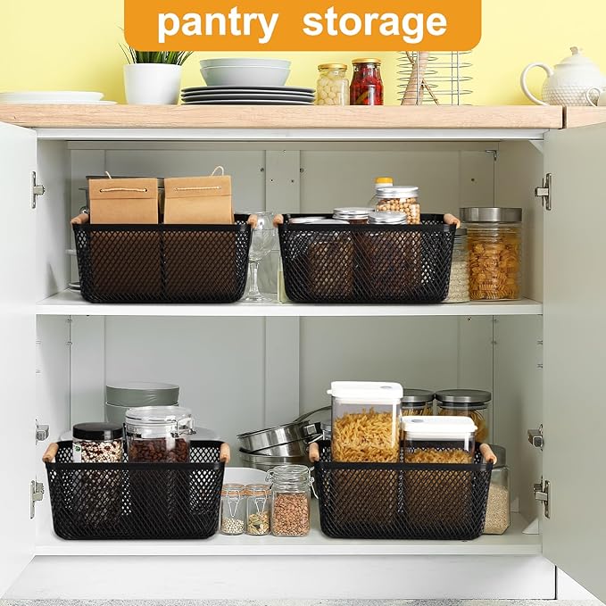 Tioncy 4 Pcs Plastic Mesh Baskets with Wood Handle Woven Mesh Storage Organizer Bins Multi-function Rectangle Baskets for Home Pantries Shelves Closet Kitchens Bedrooms(12.01 x 8.03 x 5.59 Inches)