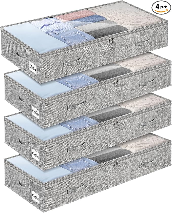 4 Pack 100L Under Bed Storage Containers, Low Profile Closet Organizers and Storage Bins for Dorm, Foldable Underbed Bag for Clothes, Blanket, Sheets, Wrapping Paper, Clear Window & Dual Zippers, Grey