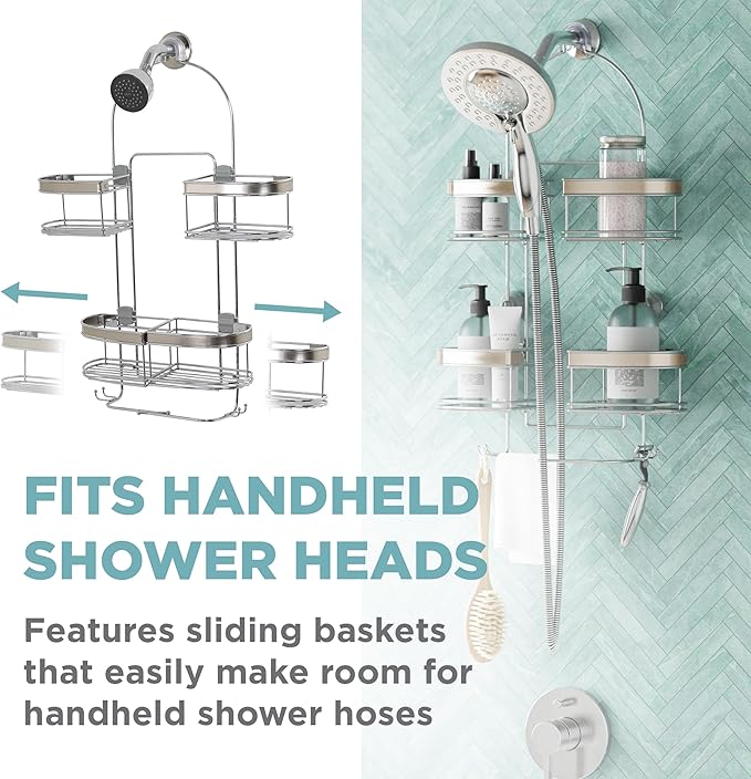 Zenna Home Expanding Shower Caddy, Rust-Resistant, Chrome with Brushed Accents