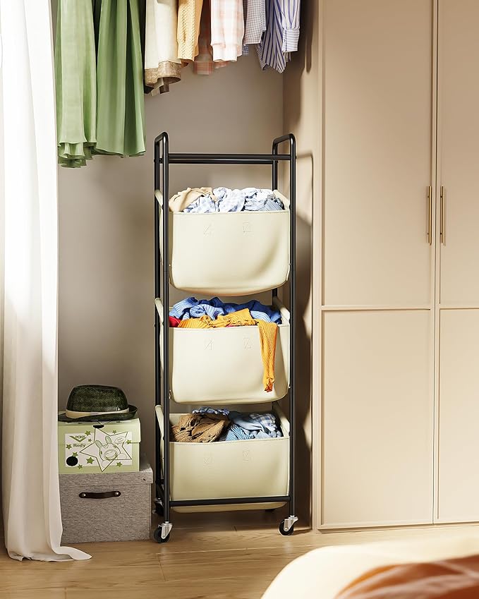 Moforoco Vertical Laundry Sorter 3 Section with Removable Bag, Laundry Hamper with Wheels, 120 L Rolling Laundry Baskets organizer for Bathroom, Apartment, Dorm Room, Beige