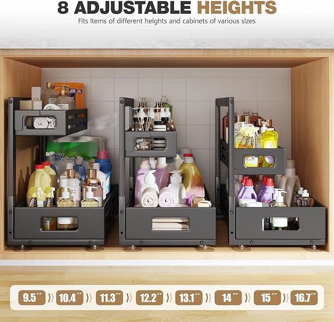 2 Pack 21IN-Depth Under Sink Organizer,Pull Out Cabinet Organizer With Smooth Cylindrical Rail,Metal Slide Out Drawer for Kitchen Bathroom Laundry,8-Level Tool Free Height Adjustable-Black