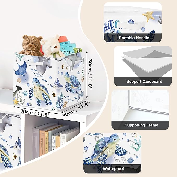 Clastyle 3 pcs Ocean Animals Cube Storage Unit Bin with Metal Frame Foldable Kallax Box for Shelves Parents Closet Organizer Basket for Book Clothes Toy Organizer, Turtle, 11.8x11.8x11.8 in
