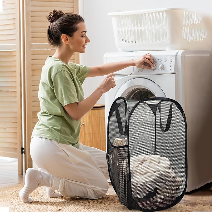 The upgraded pop-up laundry basket features a breathable side pocket mesh design, making it ideal for rooms, apartments, dormitories, travel, business trips, and children's storag(1, Black)