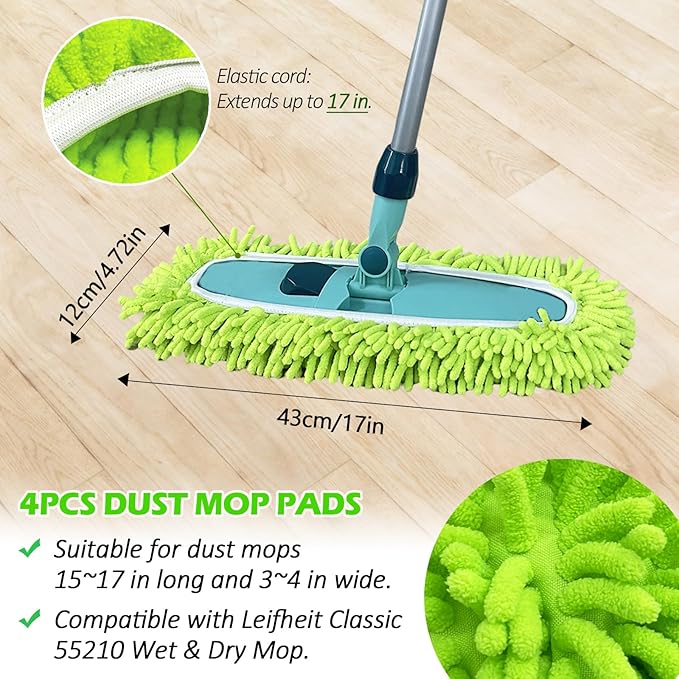 4PCS 15''~17'' Microfiber Dust Mop Pads Compatible with Leifheit 55210,Reusable Mop Refills,Replacent Wet Mopping Pad & Washable Dry Sweeping Cloths for Hardwood Floor/Tile/Marble Cleaning