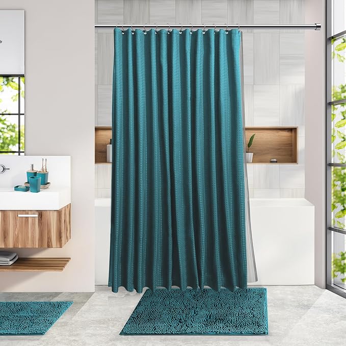 Clara Clark Bathroom Accessories Set - Bathroom Set with Adhesive Corner Shower Caddy Hanging, 25PC Bathroom Accessory Set, Teal Shower Curtain Set, Toilet Brush, Trash Can & Soap Dispenser