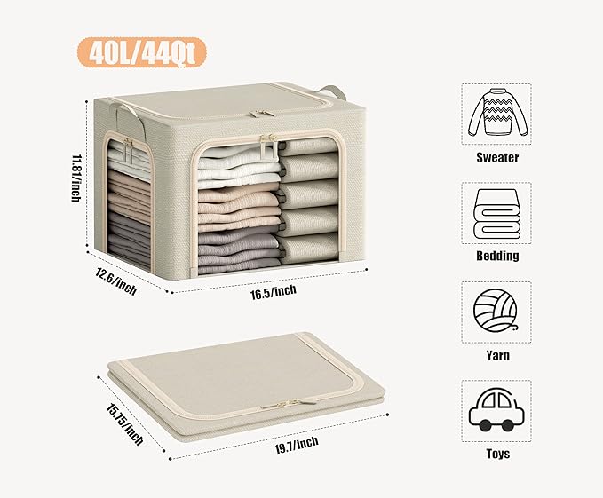 3 Openings Clothes Storage Bins with Metal Frame, Foldable Storage Bin for Clothes, Clothing Storage Bins with Lid, Linen Storage Box With Clear Window＆ Zippers＆ Durable Handles.(3 Pcs,Beige,40L)