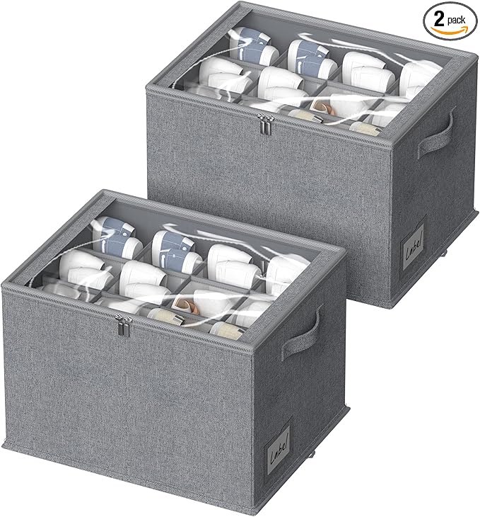 2 Pack Shoe Organizer for Closet - Shoe Storage Bins with Clear Cover, Fabric Shoe Storage Containers with Reinforced Handles, Fits up to 24 Pairs (Grey, 16.5 * 12.6 * 12.2in)