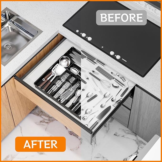 Silverware Organizer for Kitchen Drawers,BPA Free Cutlery Drawer Organizer,6 Slots Plastic Utensils Organizer Suitable as In-Drawer Silverware Holder and Tray,Flatware,Knife,Fork,Spoon Organizer,Black