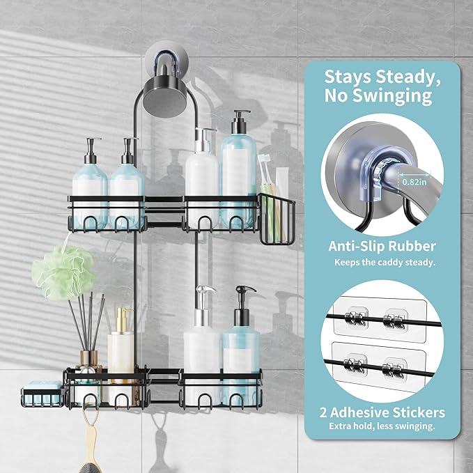 KEGII Split Hanging Shower Caddy for Handheld Showerheads, EXTRA Soap Holder & Toothbrush Holder, 24 Hooks Anti-Swing Over Showerhead Organizer, Rustproof Bathroom Shower Rack, Black
