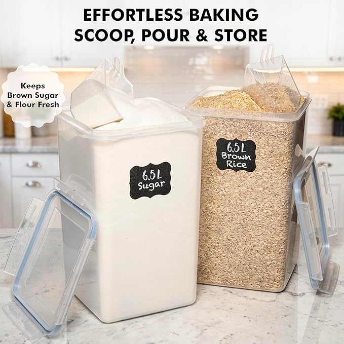 WHITE FEATHER SUPPLIES 2 PC [6.5L / 220 Oz] Large Flour Sugar Storage Containers - Leak Proof, BPA Free, Clear Plastic Food Storage Containers with Lids Airtight - Bulk Storage for Kitchen and Pantry