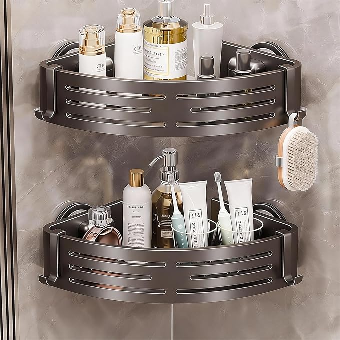 Corner Shower Caddy Suction Cup,2 Pack Shower Shelves with Hooks No Drilling Removable,Large Capacity Bathroom Organizers and Storage,Waterproof Rustproof Shower Bathroom Accessories Decor2 (11.8 in)