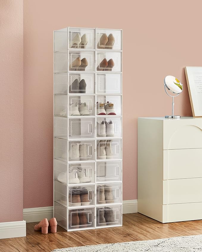 SONGMICS Shoe Boxes, Pack of 18 Shoe Storage Organizers, Stackable Clear Plastic Boxes for Closet, Sneakers, 13.7 x 9.9 x 7.4 Inches, Transparent and White ULSP18MWT