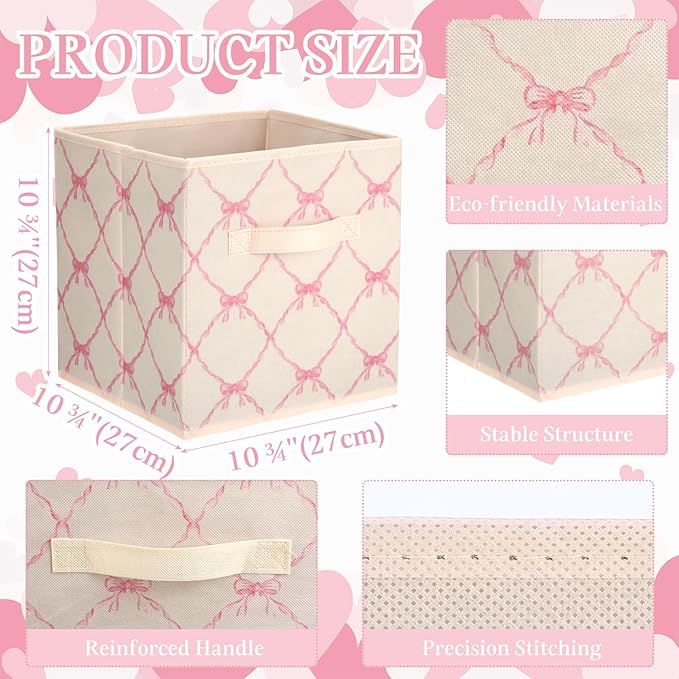 Geelin 6 Pcs Beige Bow Cube Storage Bins 11 Inch Storage Basket with Handle, Preppy Girls Organizer Basket, Collapsible Fabric Box for Classroom Bedrooms Office Home Decoration Gift