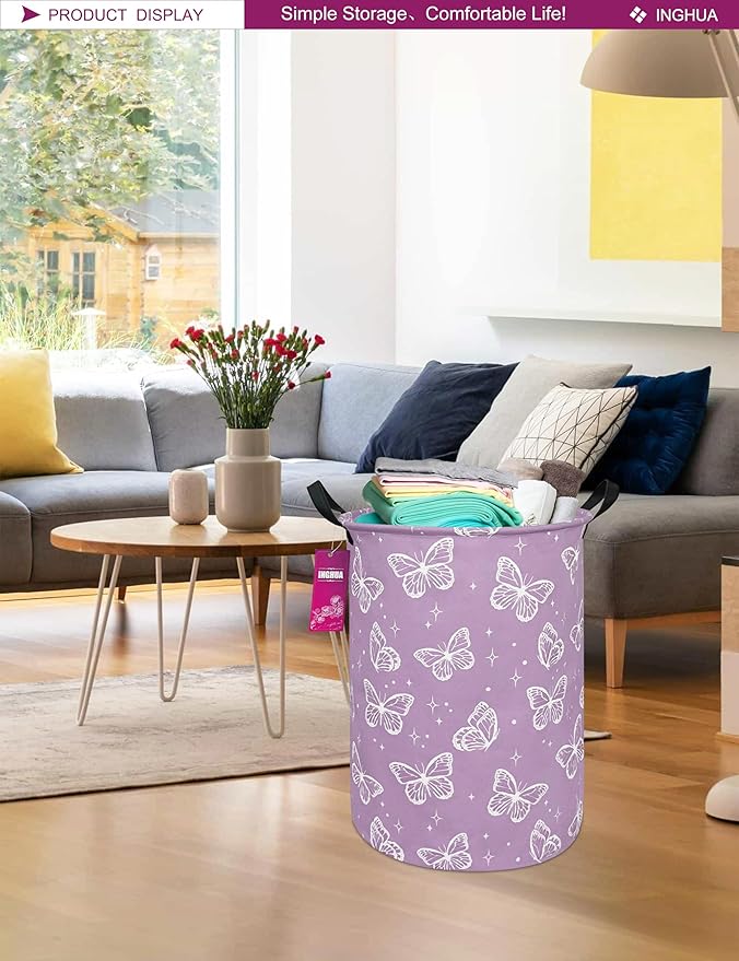 Laundry Hamper Large Canvas Fabric Lightweight Storage Basket/Toy Organizer/Dirty Clothes Collapsible Waterproof for College Dorms, Boys and Girls Bedroom,Bathroom(butterfly)