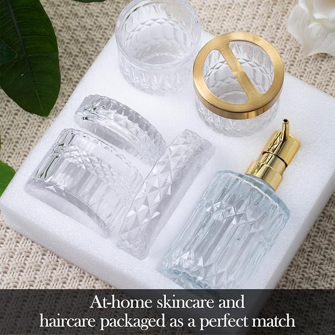 Bathroom Accessory Set 5 Pcs, Glass Bathroom Set Include Soap Dish, Toothbrush Holder, Mousewash Cup, Soap Dispenser, Cotton Swab Jar, Clear