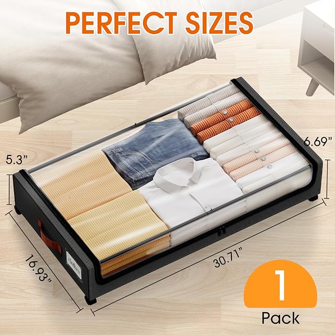 Under Bed Storage with Wheels 1Pack Storage Containers with Clear Window&Label Under Bed Drawers Rolling Under Bed Storage for Clothes,Shoes, Blankets (30.71 x 16.93 x 6.69 in, Black)
