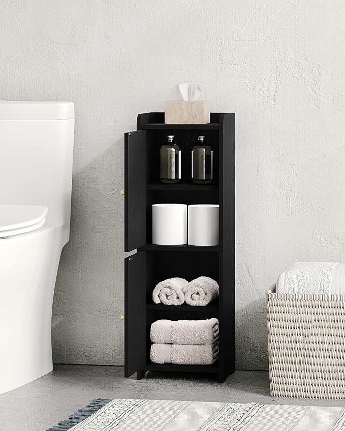 Bathroom Storage Cabinet, Small Corner Floor Cabinet with 2 Doors and Adjustable Shelf, Narrow Toilet Paper Cabinets, Bathroom Organizer for Small Spaces, 7.9" D x 9.8" W x 29.5" H Black