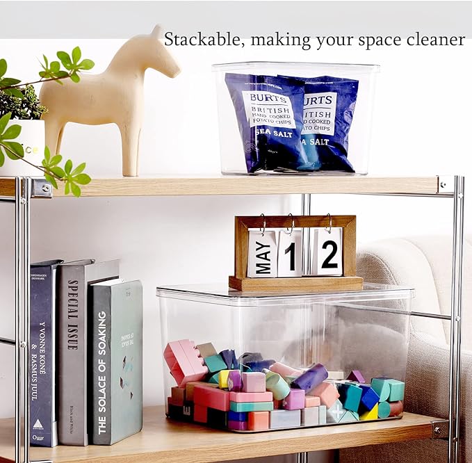 Sgoostood Storage Boxes, 5 Packs Transparent Food Organizer, Stackable Lidded Storage Bins (3 XL + 2M)
