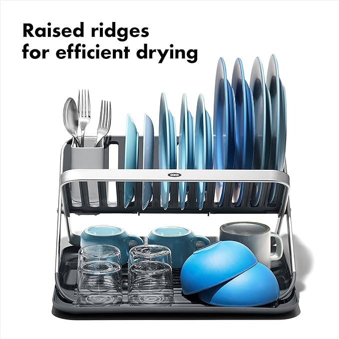 OXO Good Grips Aluminum Fold Flat Dish Drying Rack, 2-Tier, with Drainboard, for Kitchen Counter, Collapsible