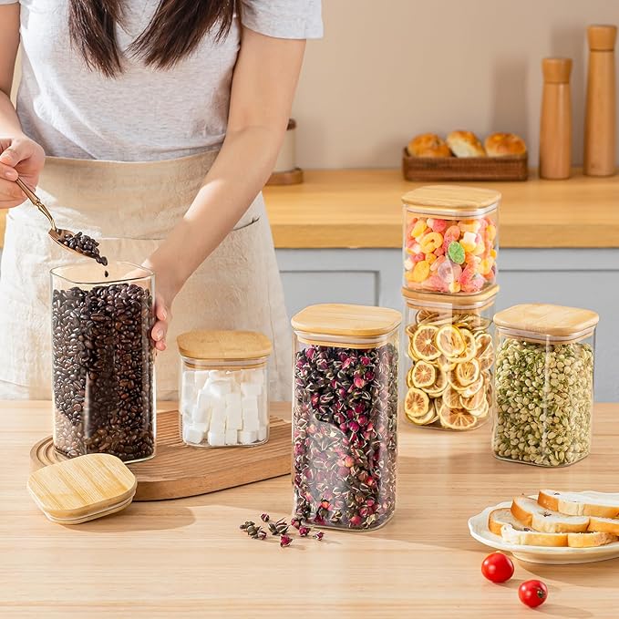 24 Oz/ 37 Oz/ 51 Oz Glass Storage Jars with Bamboo Lids - 6 Pack Clear Glass Canisters Square Airtight Stackable Ideal for Pantry Storage Containers Great for Cereal Coffee Beans Snacks etc