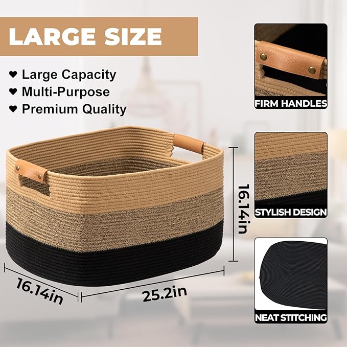 danpinera Large Woven Basket, 108L Large Blanket Basket for Living Room, Nursery, Cotton Woven Hamper for Toy Organizing & Laundry, 25’’*16’’*16’’ Gradient Linen