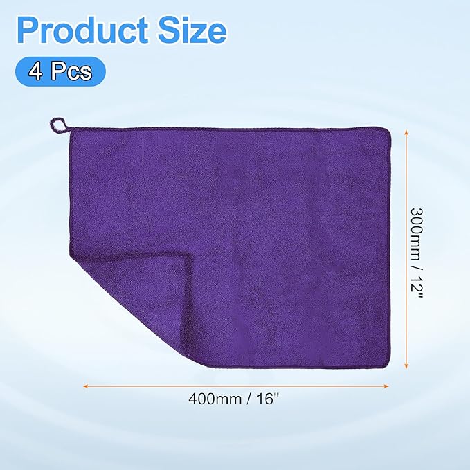 HARFINGTON 4 Pack Microfiber Cleaning Cloth, 16" x 12" Multi-Functional Cleaning Towels Reusable Absorbent Rags with Hook for Car Wash Kitchen Household Window Clean, Purple