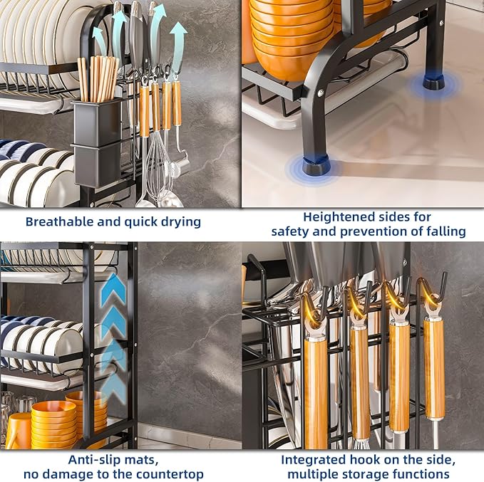 Dish Drying Rack 3 Tier Large Capacity Kitchen Dish Draining Rack Countertop Cultery Drainer with Drip Tray