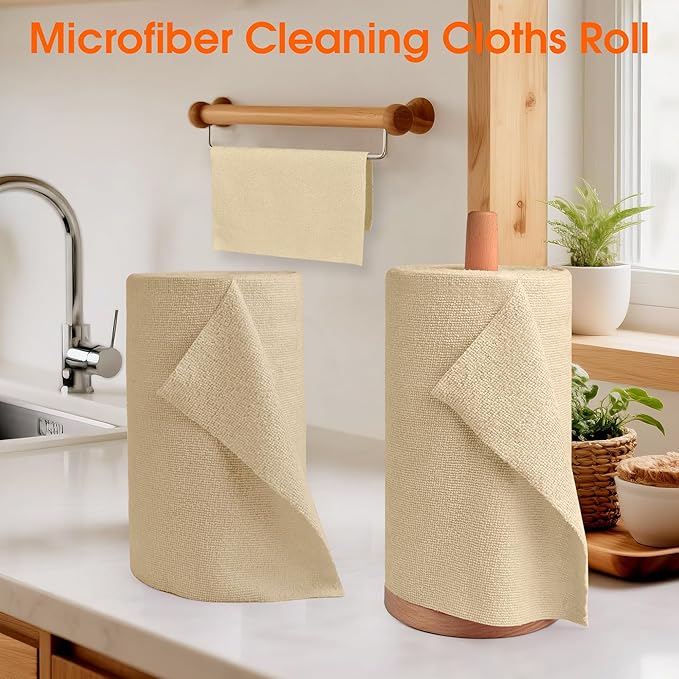 CHAUNCEY HOME Microfiber Cleaning Cloth Roll - 100 Pack Tear Away Microfiber Paper Towels, Reusable, Washable, Scratch-Free, Kitchen Towels for Car, Home, Kitchen, Glass, Dishes (Wheat Beige)