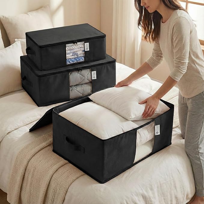 Cedar Storage Bag Organizer for Bedding Set - Protects from Moths, Moisture, Dirt & Dust - Set of 3 Storage Bags for Bed Sheets, Comforter, Pillows & More - Space-Saving Bedding Organizer, Black