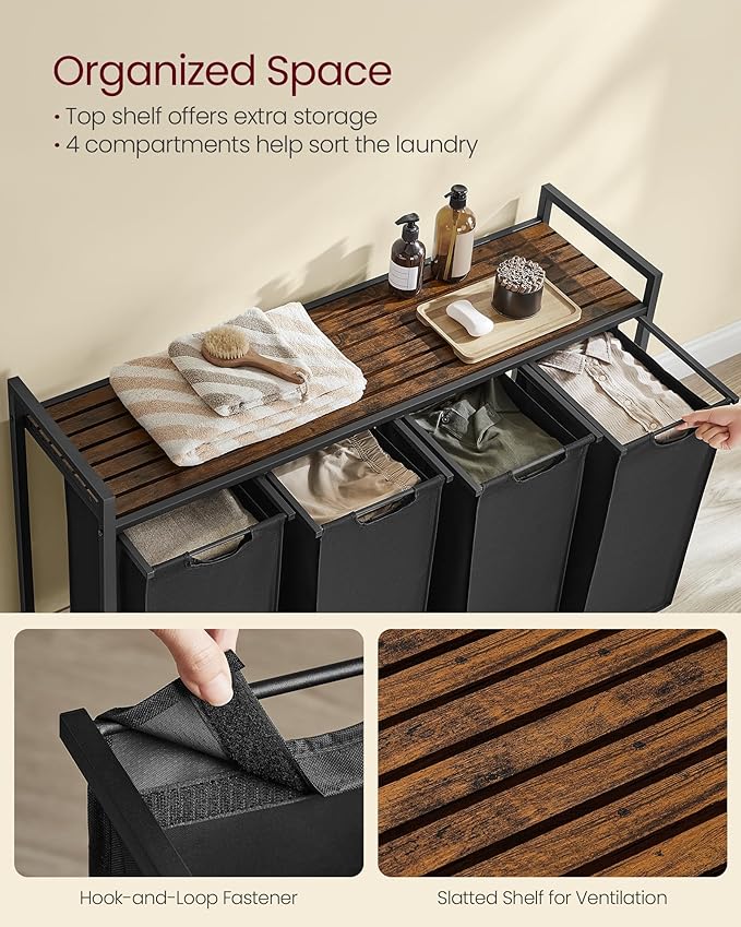 VASAGLE Laundry Hamper, Laundry Basket, Laundry Sorter with 4 Pull-Out and Removable Bags, Shelf, Metal Frame, 4 x 10.6 Gallons (40 L), 45.7 x 13 x 28.4 Inches, Ink Black and Rustic Brown UBLH401B01