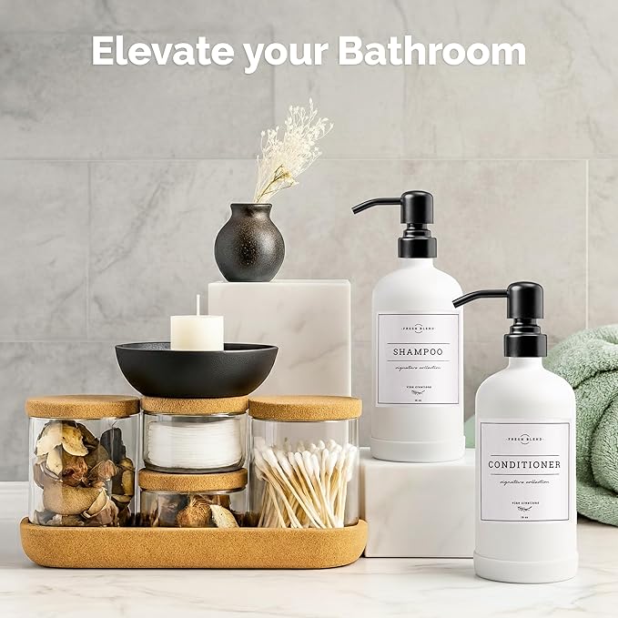 Vine Creations White Glass Soap Dispenser, 2 Pack Kitchen Soap Dispenser Set with Stainless Steel Pump, 16 oz Dish Soap and Hand Soap Dispensers for Bathroom with Waterproof Labels