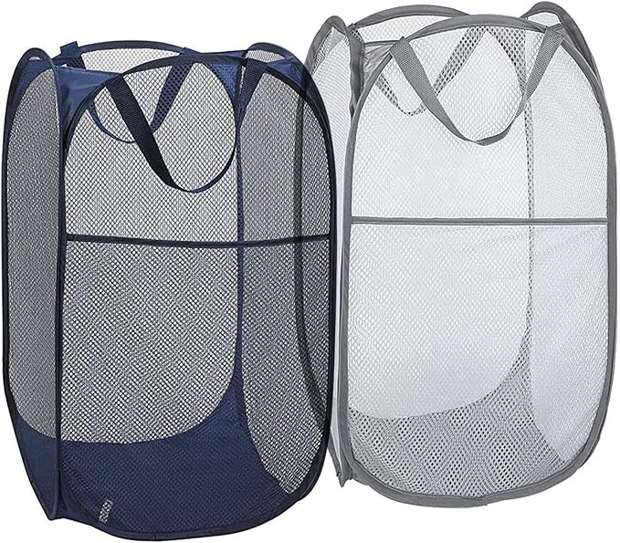 2 Pack Mesh Laundry Hampers, Pop Up Laundry Baskets, Collapsible Clothes Storage Bins for Bedroom, Dormitory, Apartment, Grey+ Navy Blue