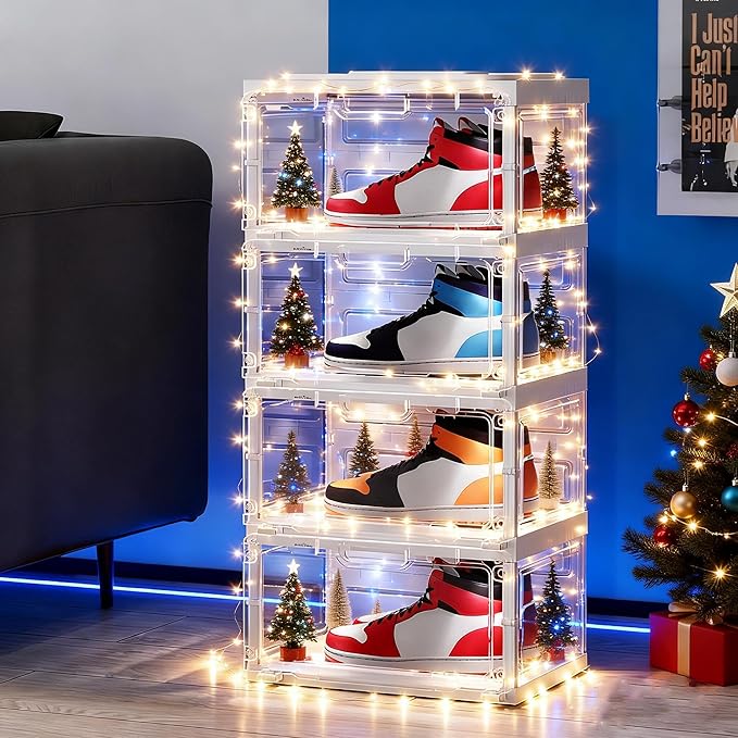 BROVIEW Led Shoe Boxes, Shoe Display Case with Lights, Large Clear Plastic Foldable Shoe Storage Box, Voice Activated Led Shoe Organizer Sneaker Case, Collection Crate, 1 Row 4 Tier White