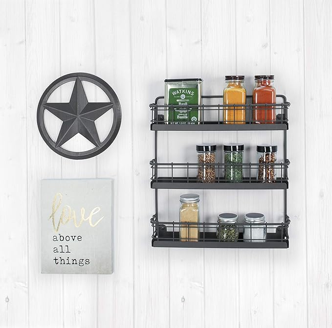 Spectrum 3 Tier Hanging Spice Rack for Wall Black Steel Kitchen Spice Organizer, Wall Mounted Metal Three Tier Metal Spice Organizer Rack for Kitchen Cabinet Pantry Organization