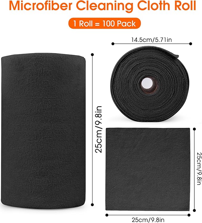 CHAUNCEY HOME Microfiber Cleaning Cloth Roll - 100 Pack Tear Away Microfiber Paper Towels, Reusable, Washable, Scratch-Free, Kitchen Towels for Car, Home, Kitchen, Glass, Dishes (Black)