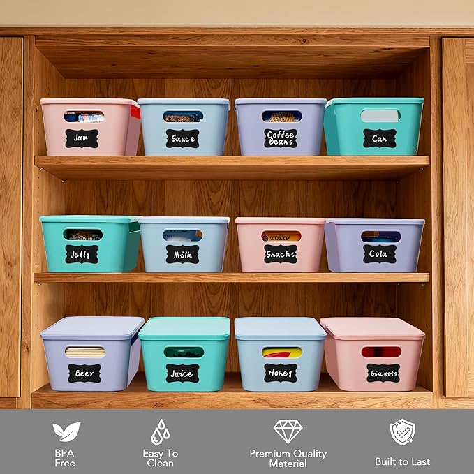 Tiawudi 12 Pack 4.5L Storage Bins with Lids, Plastic Storage Baskets for Home Classroom Organization, Multi-Use Organizer Bins for Cabinet, Pantry, Drawer, Countertop or Shelves, Colorful Containers