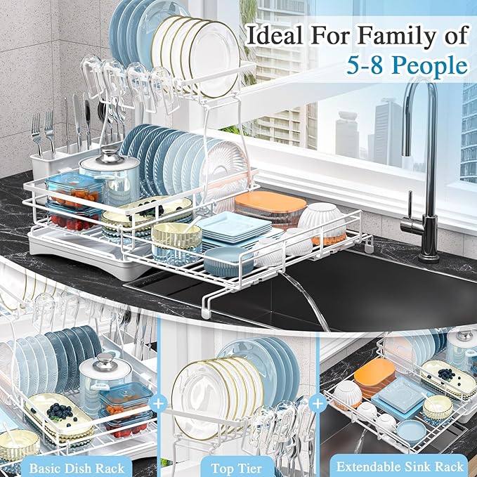 2 Tier Dish Drying Rack, Large Extendable Dish Racks for Kitchen Counter or Over Sink, Dishrack with Drainboard, 2-in-1 Anti-Rust Stainless Steel Dish Drainer with Utensil Holder & Cup Holder (white)