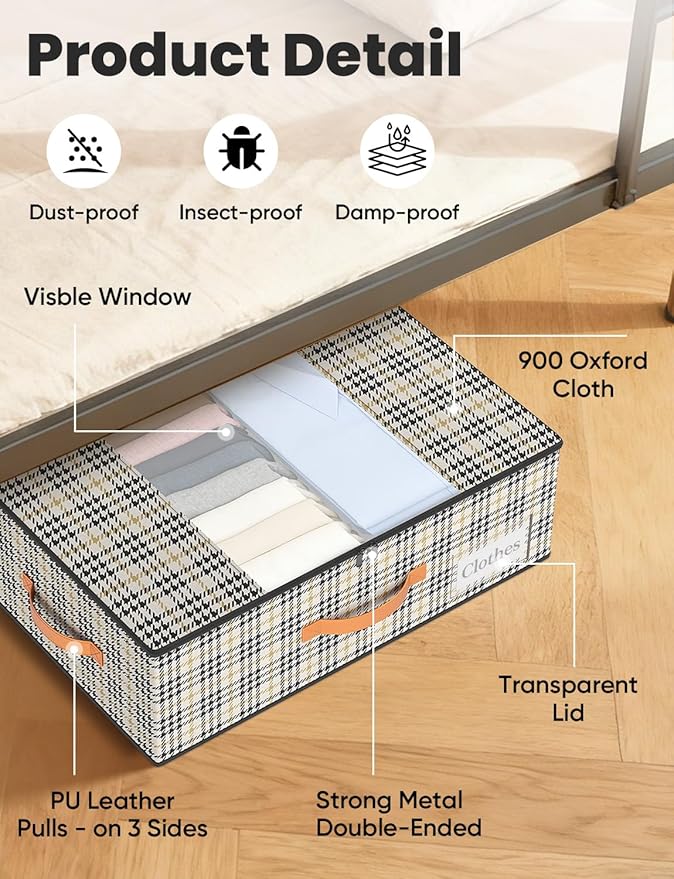 TOSKING 2-Pack Under Bed Storage with Wheels and 4 Vacuum Seal Bags, 7.9 Inch 47L Clear Lid Organizer, Space Saving for Bedding Blankets Clothes ShoesToys, Quick Assembly,Houndstooth