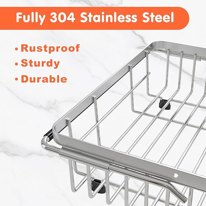 Small Expandable Over The Sink Dish Drainer Drying Rack In Stainless Steel Metal For Kitchen, Counter Space Saving Compact Above Plate Dryer Strainer, Adjustable Hanging Inside Sink Wire Drain Holder