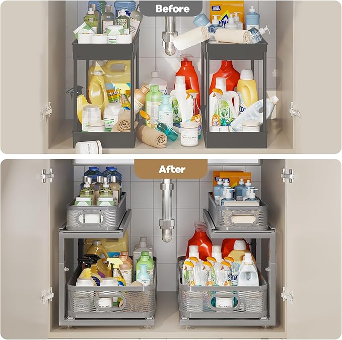 2 Pack 21IN-Depth Under Sink Organizer With Next-Gen Ball-Bearing Slides,2-Tier Precision Mesh Pull Out Cabinet Storage for Bathroom&Kitchen,Height Adjustable Drawers Shelf,Anti-rust-Grey