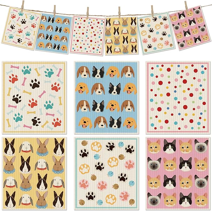 6 Packs Swedish Paper Cloths for Kitchen, Reusable Paper Towels Washable Dish Rags, Highly Absorbent Kitchen Towels Quick Drying Swedish Sponge Cleaning Dish Cloths(Dogs Feet)